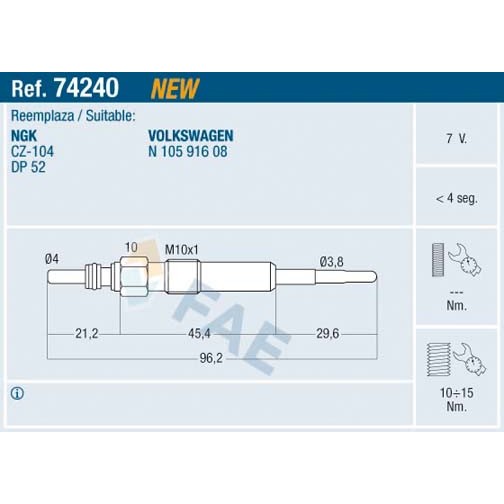 Слика на греач (свеќица) FAE 74240 за VW Crafter 30-50 Platform (2F) 2.5 TDI - 163 коњи дизел