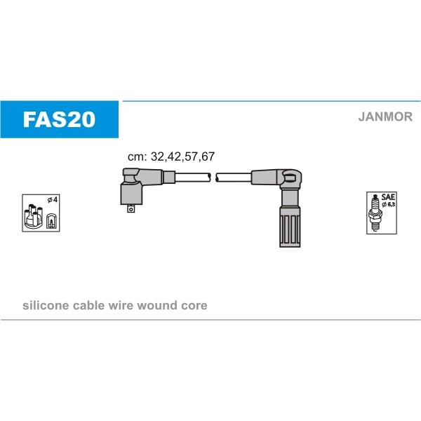Слика на кабли за свеќици - комплет сет кабли JANMOR FAS20 за Fiat Elba 146 1.4 - 67 коњи бензин