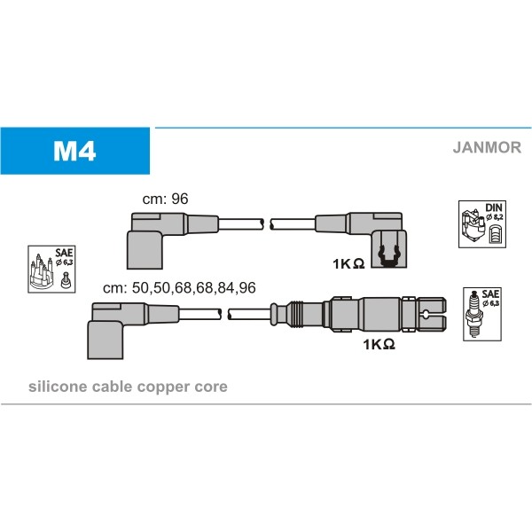 Слика на кабли за свеќици - комплет сет кабли JANMOR M4 за Mercedes SL (r129) 300 SL (129.060) - 190 коњи бензин