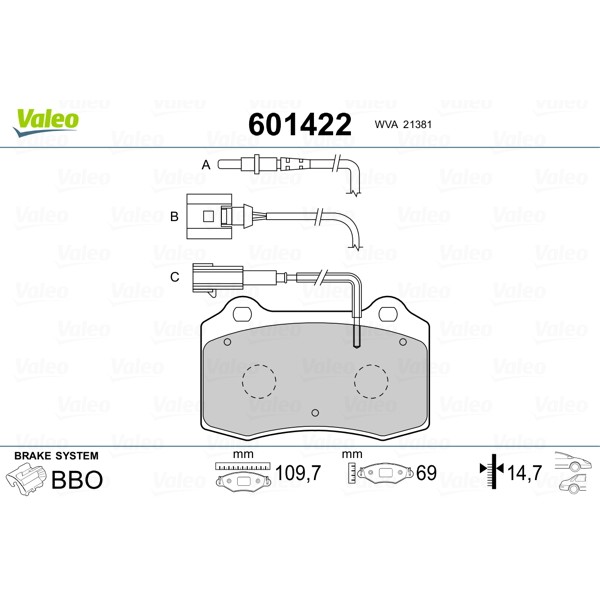 Слика на комплет феродо, дискови кочници VALEO 601422 за Peugeot 208 1.2 GPL - 82 коњи Бензин/Автогаз (LPG)
