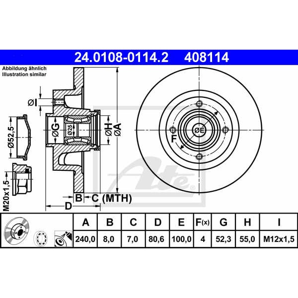 Слика на кочионен диск ATE 24.0108-0114.2 за Renault Modus 1.2 (JP0C, JP0K, FP0C, FP0K, FP0P, JP0P, JP0T) - 75 коњи бензин