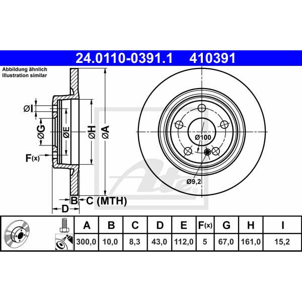 Слика на кочионен диск ATE 24.0110-0391.1 за Mercedes SLC (R172) 180 (172.431) - 156 коњи бензин