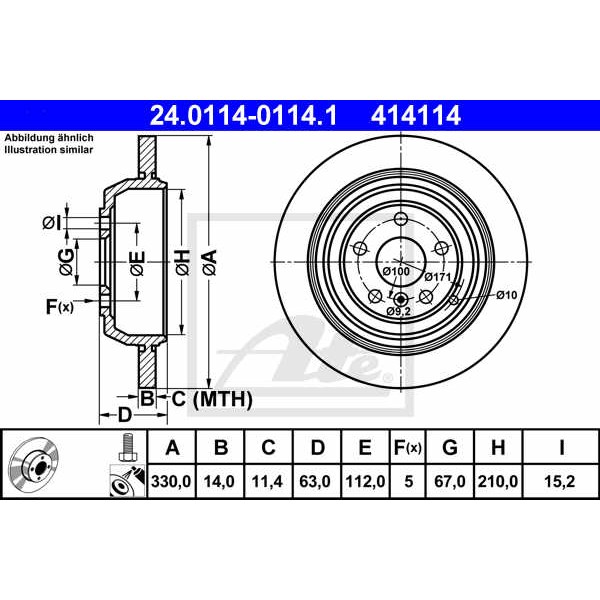 Слика на кочионен диск ATE 24.0114-0114.1 за Mercedes R-class (w251,v251) R 280 (251.054, 251.154) - 231 коњи бензин