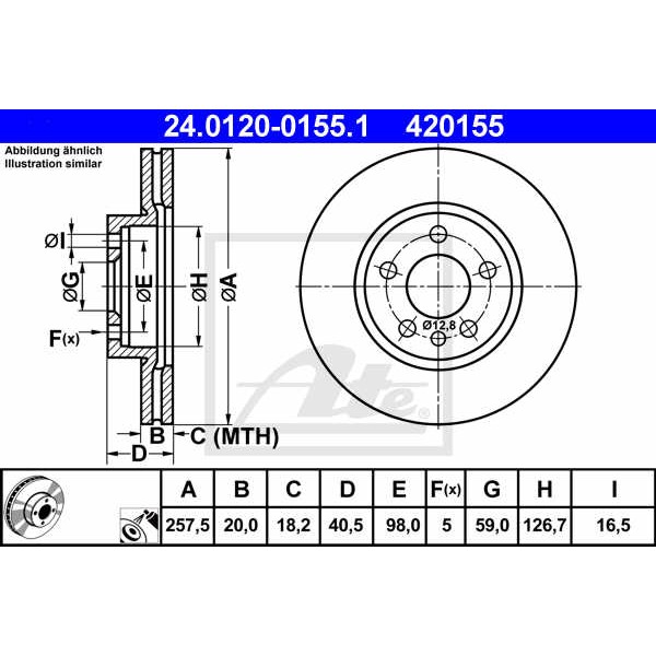 Слика на кочионен диск ATE 24.0120-0155.1 за Citroen Evasion 22,U6 1.8 - 103 коњи бензин