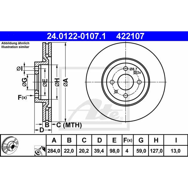 Слика на кочионен диск ATE 24.0122-0107.1 за Fiat Multipla 186 1.6 16V Bipower (186AXC1A) - 103 коњи Бензин/Метан (CNG)