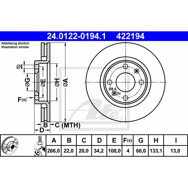 Слика на кочионен диск ATE 24.0122-0194.1 за Citroen C-Elysee 1.6 HDI 92 - 92 коњи дизел