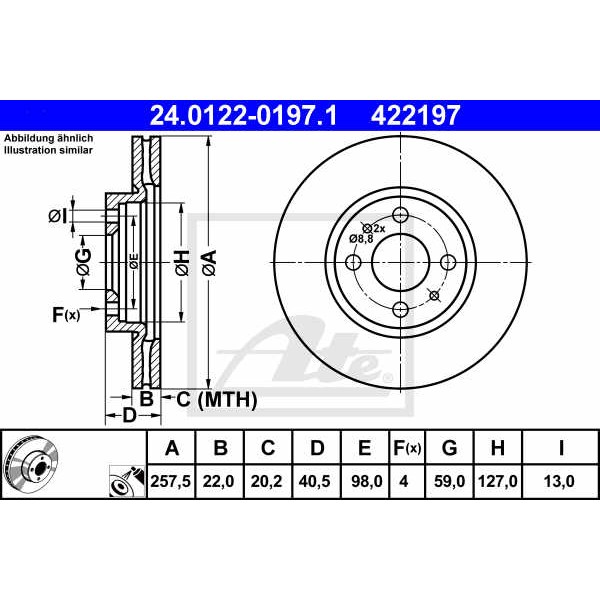 Слика на кочионен диск ATE 24.0122-0197.1 за Fiat Linea 323 1.3 D Multijet - 90 коњи дизел
