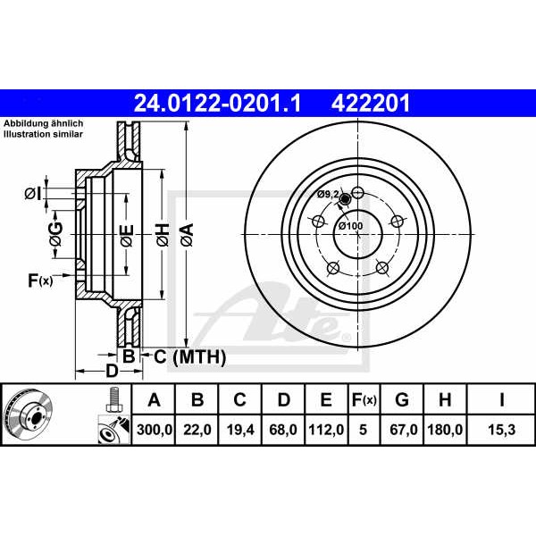 Слика на кочионен диск ATE 24.0122-0201.1 за Mercedes GLK-class (x204) 300 4-matic (204.981) - 231 коњи бензин