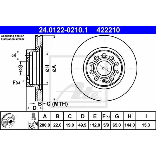 Слика на кочионен диск ATE 24.0122-0210.1 за Skoda Yeti (5L) 1.2 TSI - 110 коњи бензин