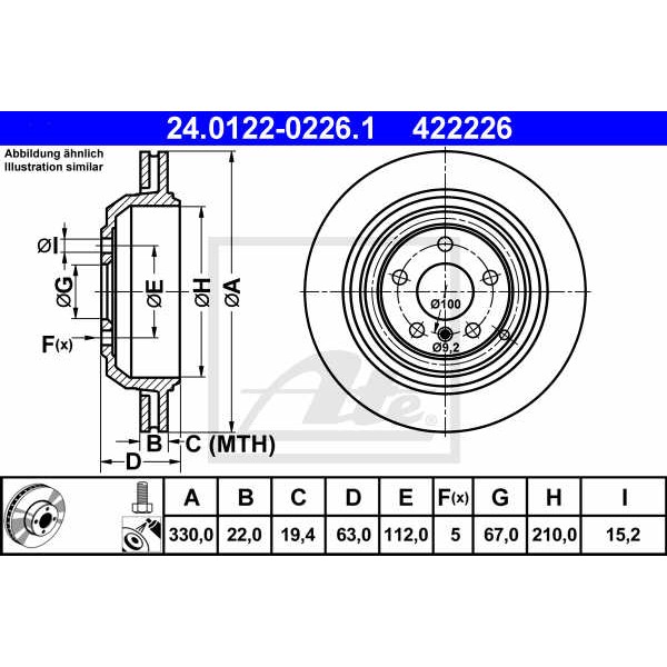 Слика на кочионен диск ATE 24.0122-0226.1 за Mercedes R-class (w251,v251) R 320 CDI 4-matic (251.125) - 211 коњи дизел