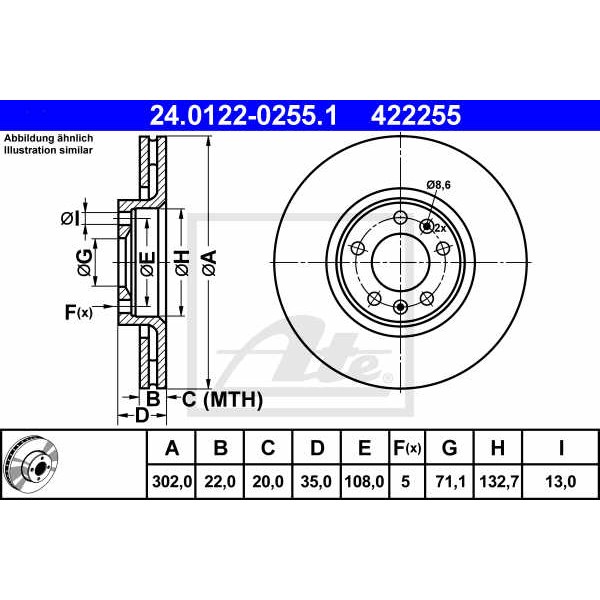 Слика на кочионен диск ATE 24.0122-0255.1 за Citroen C6 Sedan 3.0 V6 - 211 коњи бензин