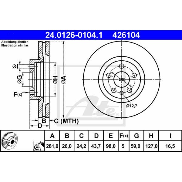 Слика на кочионен диск ATE 24.0126-0104.1 за Citroen Evasion 22,U6 1.9 TD - 90 коњи дизел