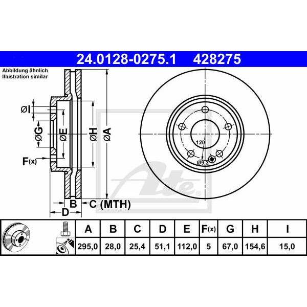 Слика на кочионен диск ATE 24.0128-0275.1 за Mercedes GLA-class (x156) GLA 200 CDI (156.908) - 136 коњи дизел