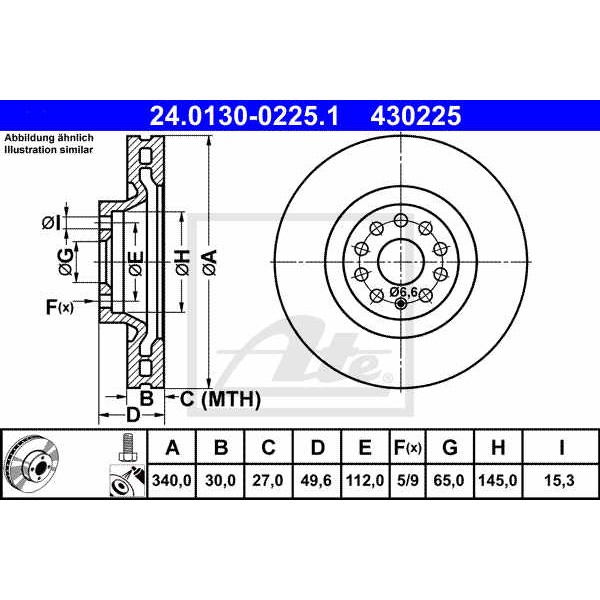 Слика на кочионен диск ATE 24.0130-0225.1 за Skoda Kodiaq (NS7) 1.4 TSI - 125 коњи бензин