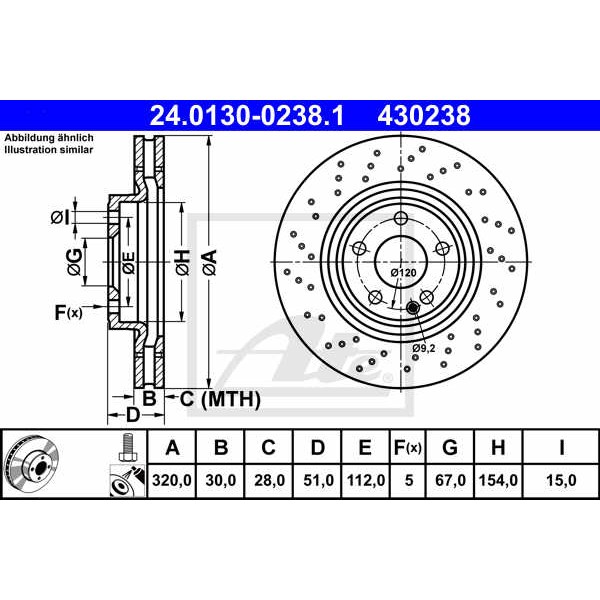 Слика на кочионен диск ATE 24.0130-0238.1 за Mercedes GLA-class (x156) GLA 220 4-matic (156.947) - 184 коњи бензин