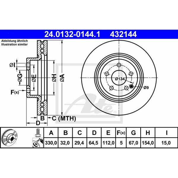 Слика на кочионен диск ATE 24.0132-0144.1 за Mercedes GLK-class (x204) 250 CDI 4-matic (204.982, 204.904) - 204 коњи дизел