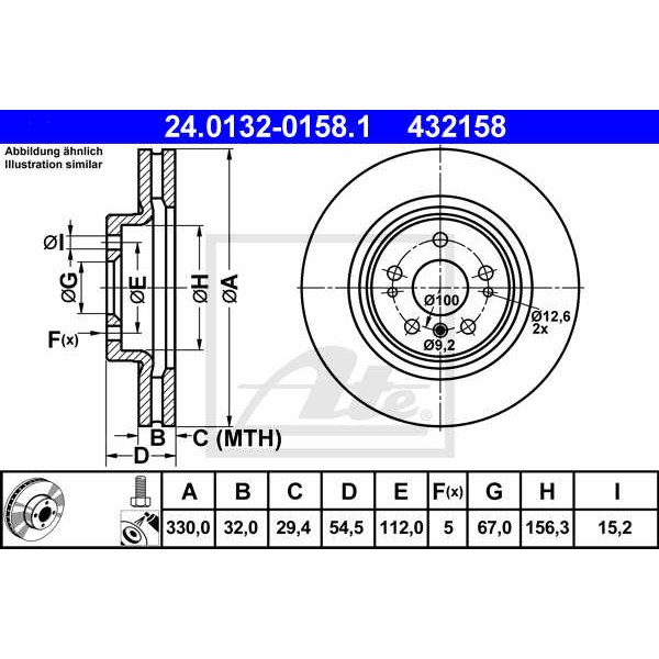 Слика на кочионен диск ATE 24.0132-0158.1 за Mercedes R-class (w251,v251) R 300 CDI 4-matic (251.020) - 190 коњи дизел