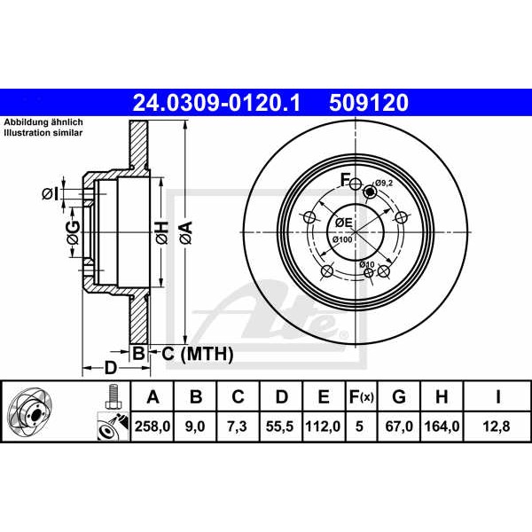 Слика на кочионен диск ATE PowerDisc 24.0309-0120.1 за Mercedes C-class Saloon (w202) C 180 (202.018) - 122 коњи бензин