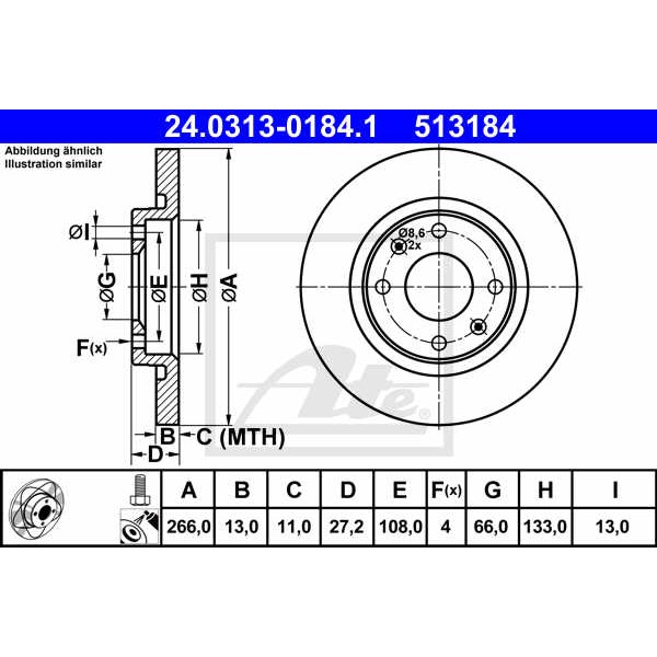 Слика на кочионен диск ATE PowerDisc 24.0313-0184.1 за Peugeot 301 1.6 VTi 115 - 115 коњи бензин