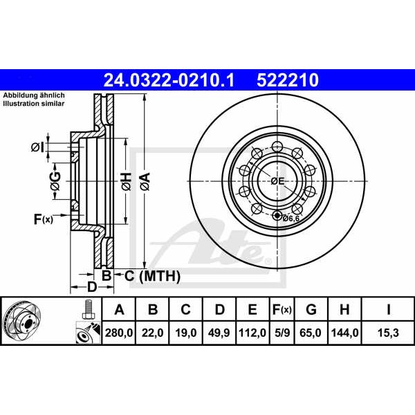 Слика на кочионен диск ATE PowerDisc 24.0322-0210.1 за Skoda Laura (1Z3) 1.2 TSI - 105 коњи бензин