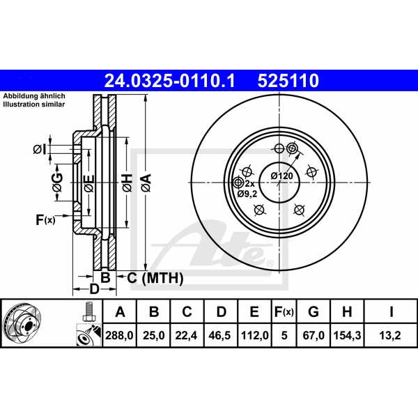 Слика на кочионен диск ATE PowerDisc 24.0325-0110.1 за Mercedes C-class Estate (s203) C 200 CDI (203.207) - 122 коњи дизел