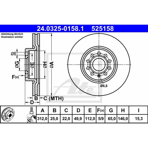 Слика на кочионен диск ATE PowerDisc 24.0325-0158.1 за Skoda Karoq (NU7) 1.6 TDI - 115 коњи дизел