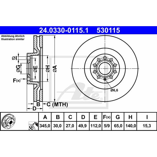 Слика на кочионен диск ATE PowerDisc 24.0330-0115.1 за Audi A3 (8P1) 2.0 TDI 16V - 140 коњи дизел