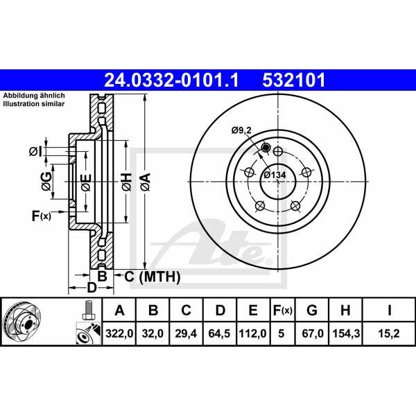 Слика на кочионен диск ATE PowerDisc 24.0332-0101.1 за Mercedes SLC (R172) 300 (172.438) - 245 коњи бензин
