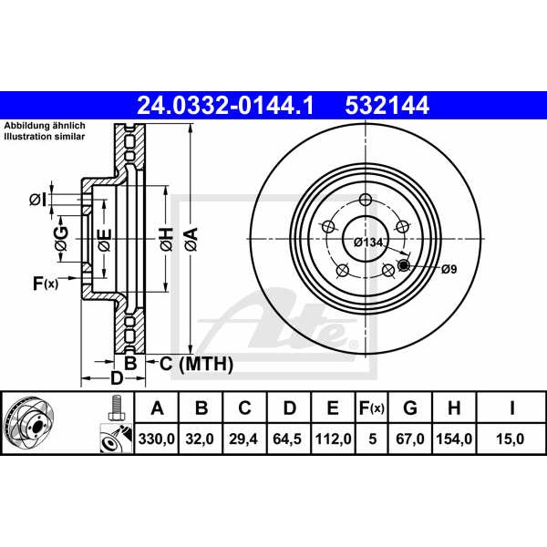 Слика на кочионен диск ATE PowerDisc 24.0332-0144.1 за Mercedes GLK-class (x204) 200 CDI (204.901) - 143 коњи дизел