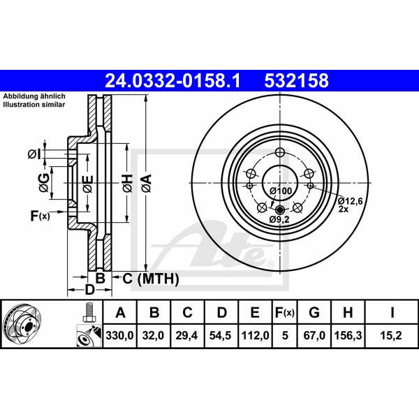 Слика на кочионен диск ATE PowerDisc 24.0332-0158.1 за Mercedes R-class (w251,v251) R 300 (251.054, 251.154) - 231 коњи бензин