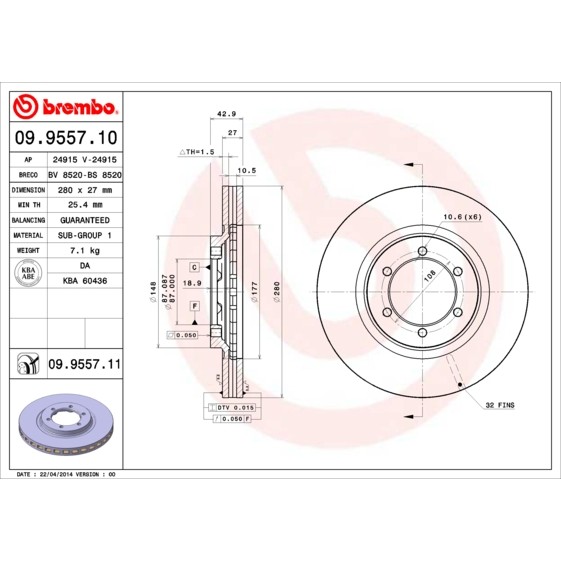 Слика на кочионен диск BREMBO 09.9557.10 за Hyundai Terracan (HP) 2.9 CRDi - 150 коњи дизел