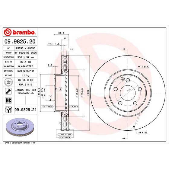Слика на кочионен диск BREMBO COATED DISC LINE 09.9825.21 за Mercedes GLK-class (x204) 300 4-matic (204.981) - 231 коњи бензин
