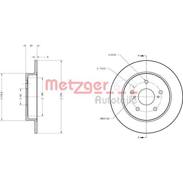 Слика на кочионен диск METZGER Coated 6110330 за Fiat Sedici 1.9 D Multijet 4x4 - 120 коњи дизел