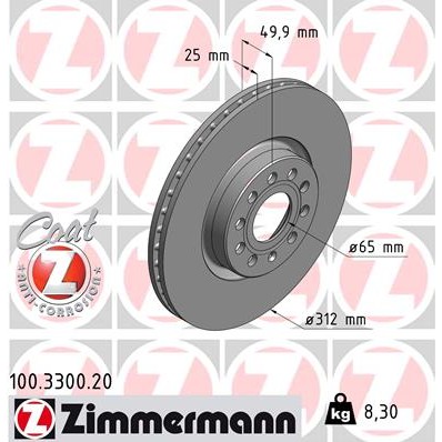 Слика на кочионен диск ZIMMERMANN COAT Z 100.3300.20 за Audi A3 (8P1) 2.0 TDI 16V - 140 коњи дизел