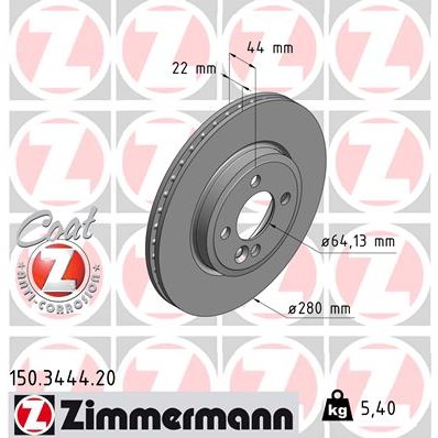 Слика на кочионен диск ZIMMERMANN COAT Z 150.3444.20 за Mini Coupe (R58) Cooper - 122 коњи бензин