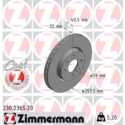 Слика на кочионен диск ZIMMERMANN COAT Z 230.2365.20 за Alfa Romeo MITO (955) 1.4 Bifuel - 120 коњи Бензин/Автогаз (LPG)