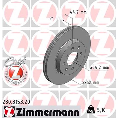 Слика на кочионен диск ZIMMERMANN COAT Z 280.3153.20 за MG ZR 105 - 103 коњи бензин