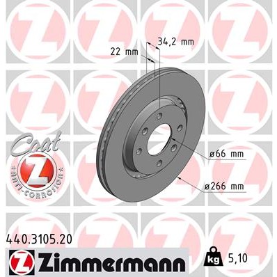 Слика на кочионен диск ZIMMERMANN COAT Z 440.3105.20 за Peugeot 208 1.2 THP - 110 коњи бензин