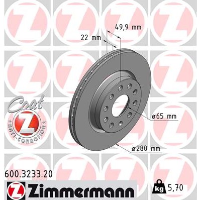 Слика на кочионен диск ZIMMERMANN COAT Z 600.3233.20 за Audi A3 (8P1) 2.0 TDI 16V - 140 коњи дизел