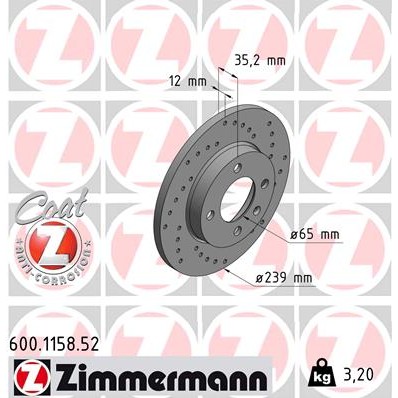 Слика на кочионен диск ZIMMERMANN SPORT BRAKE DISC COAT Z 600.1158.52 за VW Vento Sedan (1H2) 1.8 - 90 коњи бензин