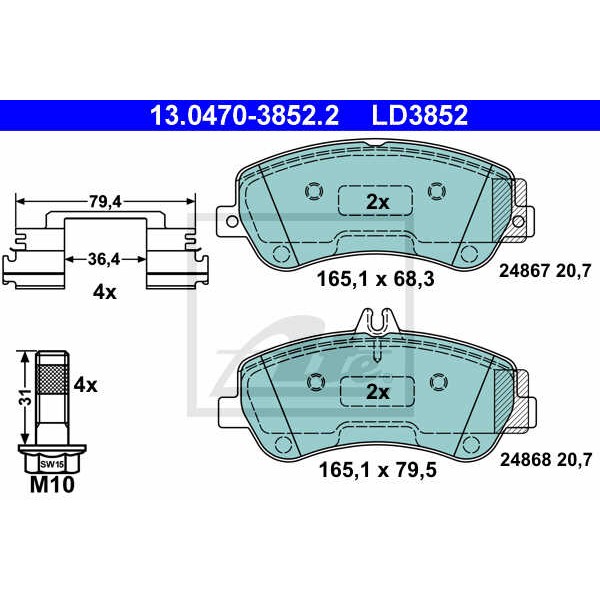 Слика на плочки ATE Ceramic 13.0470-3852.2 за Mercedes GLK-class (x204) 250 4-matic (204.937) - 211 коњи бензин