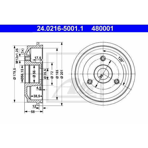 Слика на Сопирачки барабан ATE 24.0216-5001.1 за Citroen AX Hatchback ZA 15 D - 58 коњи дизел