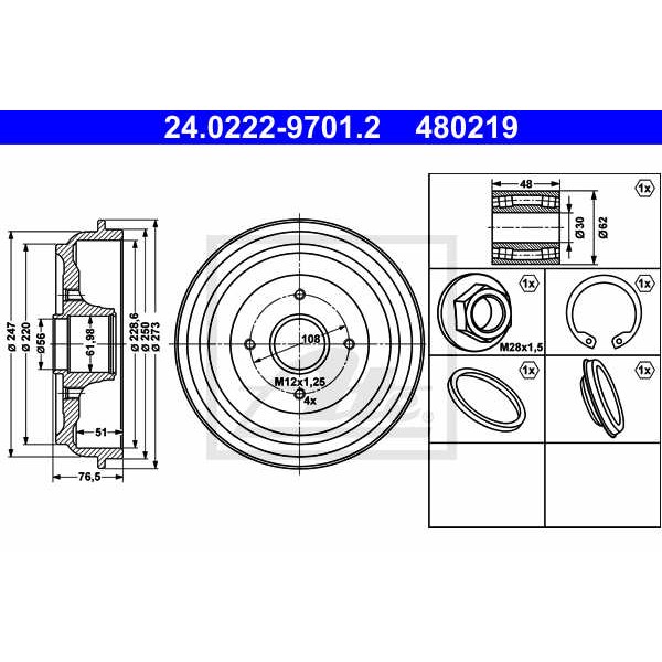 Слика на Сопирачки барабан ATE 24.0222-9701.2 за Citroen C-Elysee 1.2 VTi 72 - 72 коњи бензин