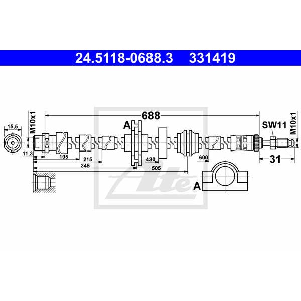 Слика на црево за кочница ATE 24.5118-0688.3 за BMW 5 GT F07 528 i - 245 коњи бензин